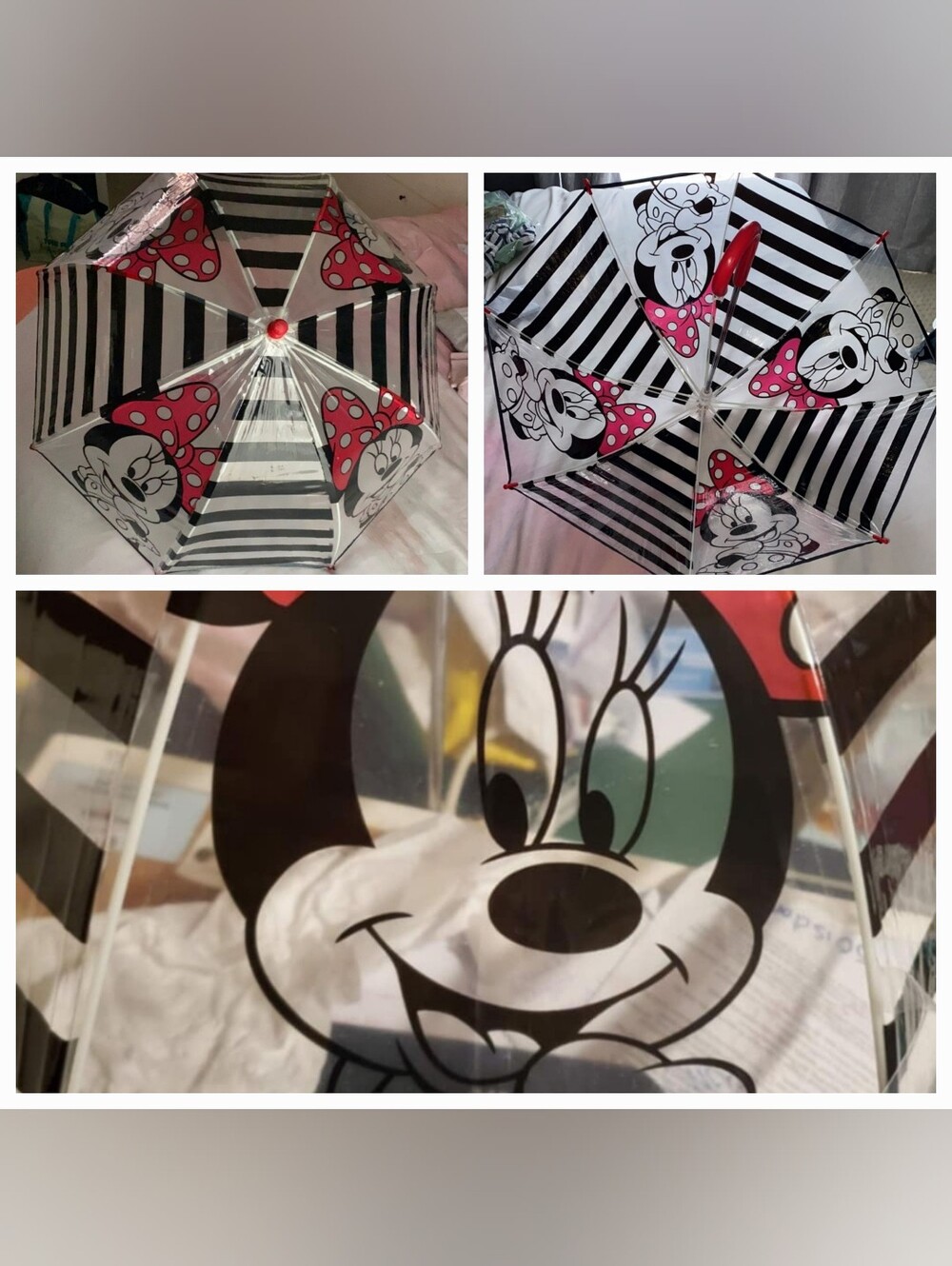 Disney Minnie Mouse Red Hook Stem Kids Dome "Smiles & Stripes" Umbrella. 24"
